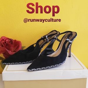 Joey Suede Black slingback pumps with gold braided details